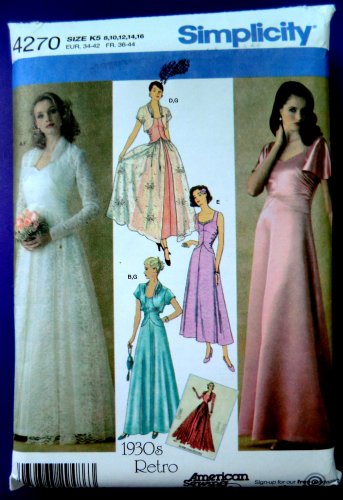 Simplicity Pattern # 4270 UNCUT Misses Gown Wedding Dress Retro 1930â��s Size 6 8 10 12 14 16