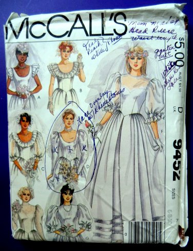 McCalls Pattern # 9452 UNCUT Misses Wedding Dress Size 6 8 10 Vintage 1985