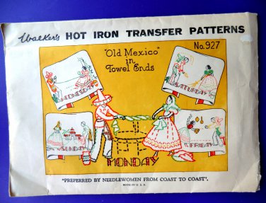 Vintage Embroidery Transfer Pattern OLD MEXICO Towel Ends Days of the Week # 927