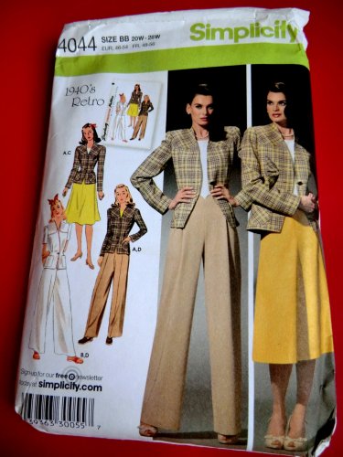 Simplicity Pattern # 4044 UNCUT Misses Jacket Pants Skirt Retro 1940â��s Size 20 22 24 26 28