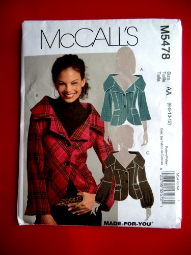 McCalls Pattern # 5478 UNCUT Misses Lined Poitrait Collar Jacket Sleeve Variations Size 6 8 10 12