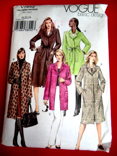 Vogue Pattern # 7942 UNCUT Misses Lined Jacket Coat Size 20 22 24