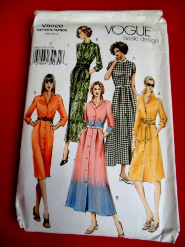 Vogue Pattern # 8028 UNCUT Misses Dress /Shirtdress Variations Size 20 22 24