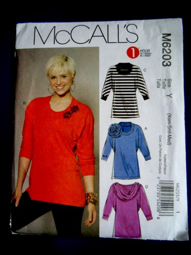 McCalls Pattern # 6203 UNCUT Misses Blouse STRETCH KNITS ONLY Size XS Small Medium