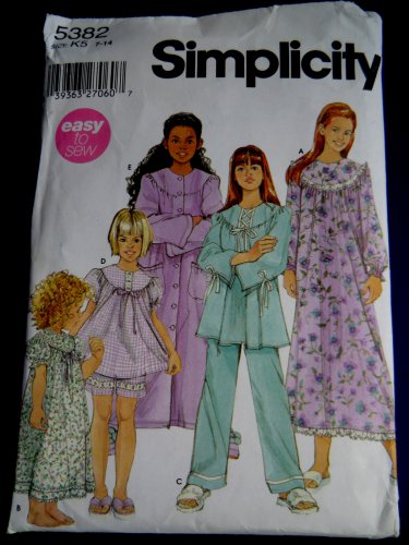 Simplicity Pattern # 5382 UNCUT Girls Pajamas Nightgown Robe Size 7 8 10 12 14