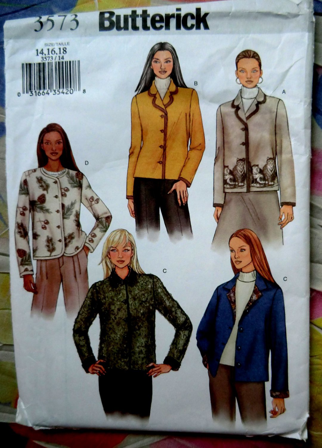 Butterick Pattern # 3573 UNCUT Misses Fleece Button Front Long Sleeve Jacket Size 14 16 18