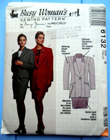 McCalls Pattern # 6132 UNCUT Misses Lined Jacket Top Lined Skirt Size 8 ONLY Busy Womanâ��s
