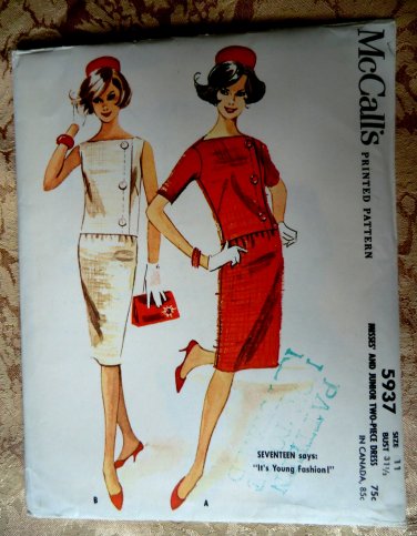 McCalls Vintage 1961 Pattern # 5937 UNCUT Misses Two Piece Dress Size 11