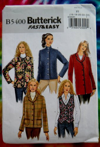 Butterick Pattern #5400 UNCUT Misses Jacket Vest Collar Variations Size 16 18 20 22 24