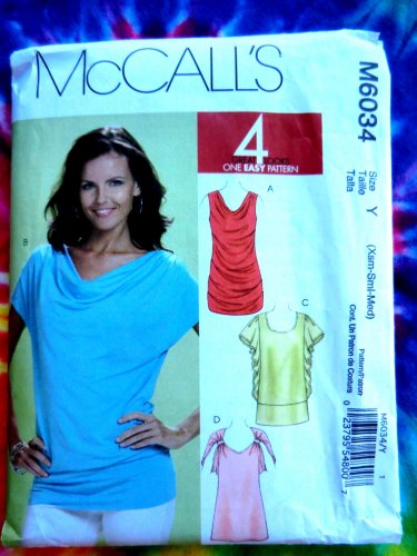 McCalls Pattern # 6034 UNCUT Top Blouse STRETCH KNITS Size XS (extra small), Small and Medium