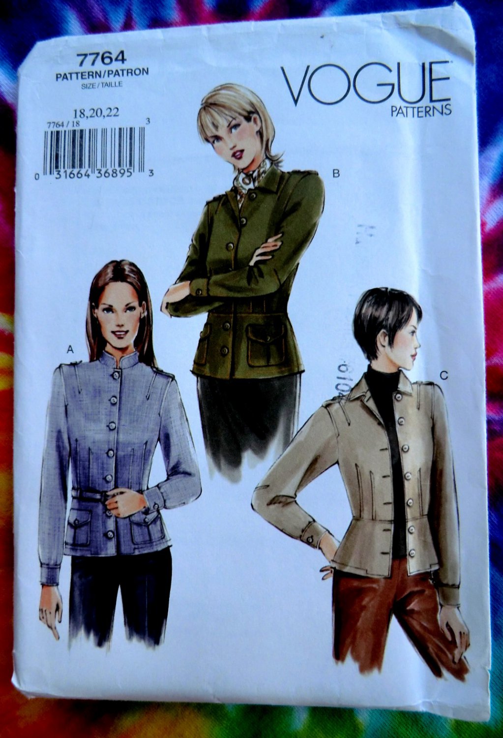 Vogue Pattern # 7764 UNCUT Misses Fitted Unlined Jacket Size 18 20 22