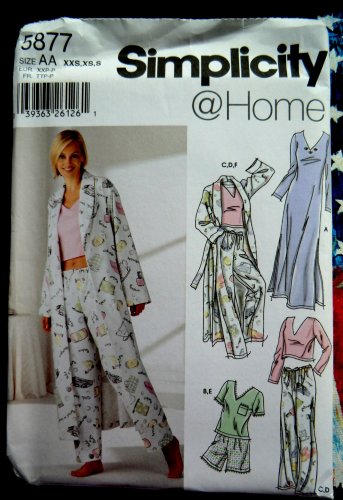 Simplicity Pattern # 5877 UNCUT Misses Pajamas Robe Pants Nightgown Size XXS XS Small