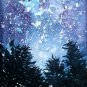 Original Painting Night Sky Watercolor Art Pine Trees Landscape Artwork