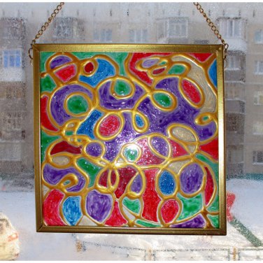 Handmade Stained Glass Abstract Suncatcher Ornament  Hand Painted Panel Art
