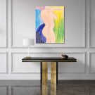 Modern Contemporary Original watercolor of a semi-nude young woman holding Ferns Fauvist style