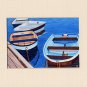 CAPE COD Blue & Brown Rowboats Matted Print, Skiffs, Seascape, Renee Rutana