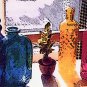 COLORED GLASS BOTTLES IN THE WINDOW Blue, Green, Yellow & White Matted Photo Print, Renee Rutana