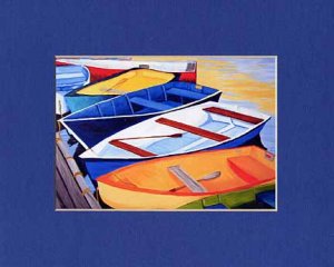 CAPE COD Rowboats Orange, Blues Greens Matted Print Dinghy, Renee Rutana