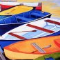 CAPE COD Rowboats Orange, Blues Greens Matted Print Dinghy, Renee Rutana
