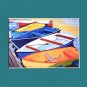 CAPE COD Rowboats Orange, Blues Greens Matted Print Dinghy, Renee Rutana