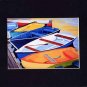 CAPE COD Rowboats Orange, Blues Greens Matted Print Dinghy, Renee Rutana