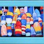 ROCKPORT LOBSTER BUOYS Reds, Yellows, Greens and Blue Nautiical Blank Greeting Card, Renee Rutana