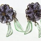 Bronze earrings with purple and green glass flowers and leaves: "Cristallines"