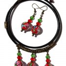 Bronze set with earrings and matching necklace with flower pearls on leather cord: "Floralya"
