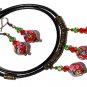 Bronze set with earrings and matching necklace with flower pearls on leather cord: "Floralya"