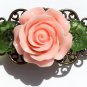 Hair clip with a pale pink flower and two green lucite leaves: "Floralie" 2