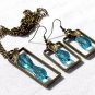 Bronze set with earrings in blue glass drops and its matching pendant: "Rectangular"