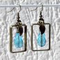 Bronze set with earrings in blue glass drops and its matching pendant: "Rectangular"