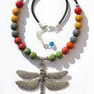 Necklace with eighteen multicolored ceramic beads adorned with a dragonfly "The Dragonfly"