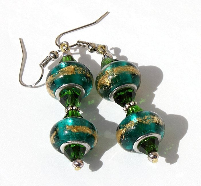 Silvered earrings with two green and gold glass beads:"Sweet twins"-Green