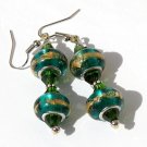 Silvered earrings with two green and gold glass beads:"Sweet twins"-Green