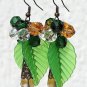 Bronze earrings with pearls and glass drops decorated with green leaves:"Promenade au jardin"