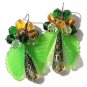 Bronze earrings with pearls and glass drops decorated with green leaves:"Promenade au jardin"