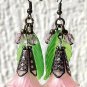 Bronze earrings with flower and leaf, a drop and glass beads: "The flowers of the garden" Mod 01