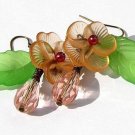 Bronze earrings with lucite flowers and leaves, drops and glass beads: "Spring colors"
