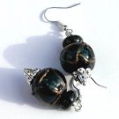 Baroque silvered earrings in lampwork glass with blue and green reflections: "Ballade à Venise"