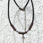 Leather necklace with wrapped glass ball pearls and transparent faceted drop: "OXO" - Clear