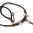 Leather necklace with wrapped glass ball pearls and transparent faceted drop: "OXO" - Clear