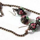 Bronze lampwork set with necklace and matchink earrings adorned with flowers:"Menthe Fraise"