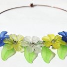 Bronze choker necklace composed of 5 multicolor flowers and leaves and glass beads: "Floral"