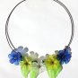 Bronze choker necklace composed of 5 multicolor flowers and leaves and glass beads: "Floral"