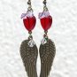 Bronze earrings with large angel wings, purple crystal beads and a red glass heart