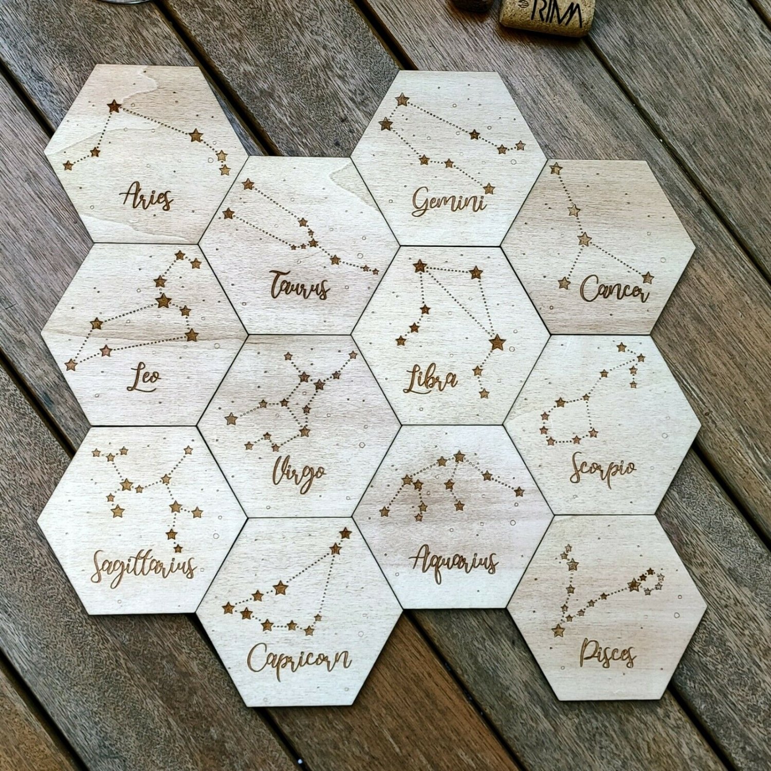 Astrological Map - Set of 12 Wood Coasters - Zodiac Signs
