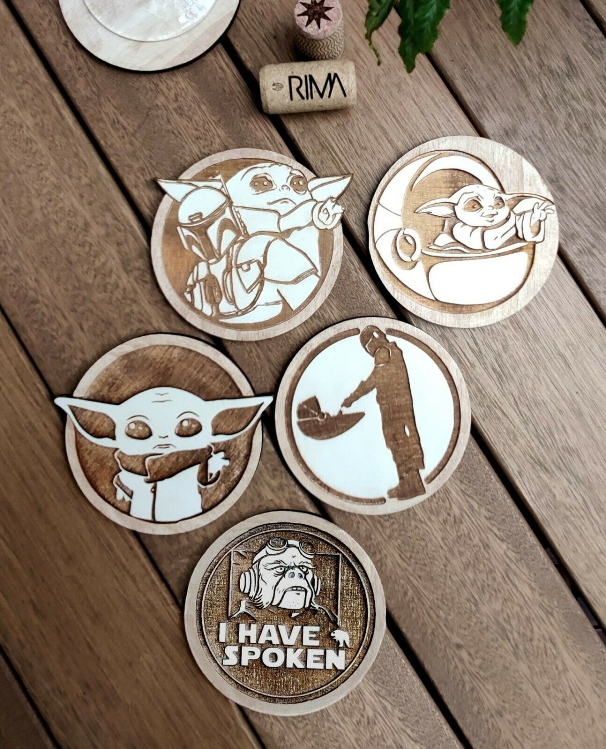 Set of 5 The Mandalorian Wood Coasters - Baby Yoda Coaster -Star Wars Cup Holder