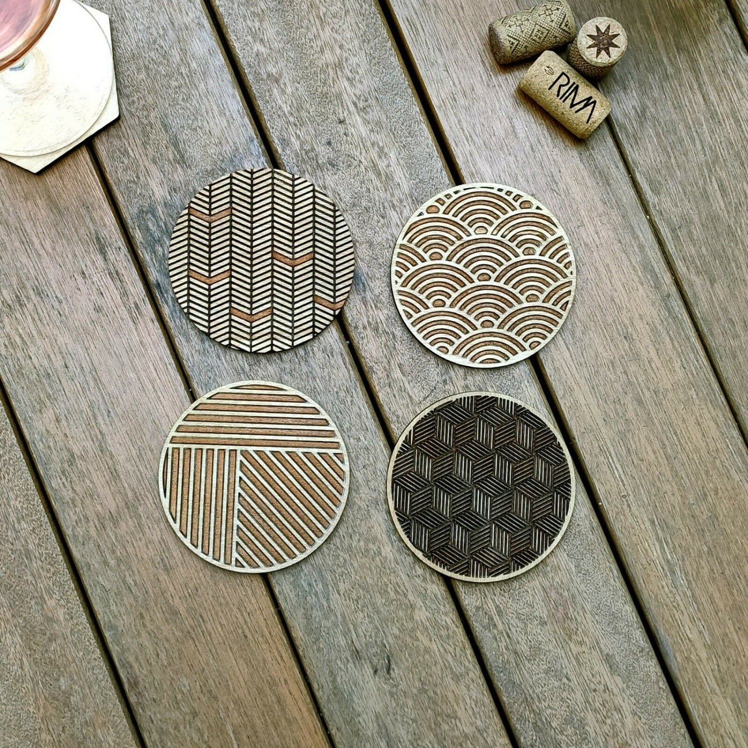 Set of 4 Geometric Wood Coasters - Cup Holder