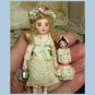 Sweet 3 3/4" Miniature Ooak Dollhouse doll with 1 3/4" dolly in presentation/display box